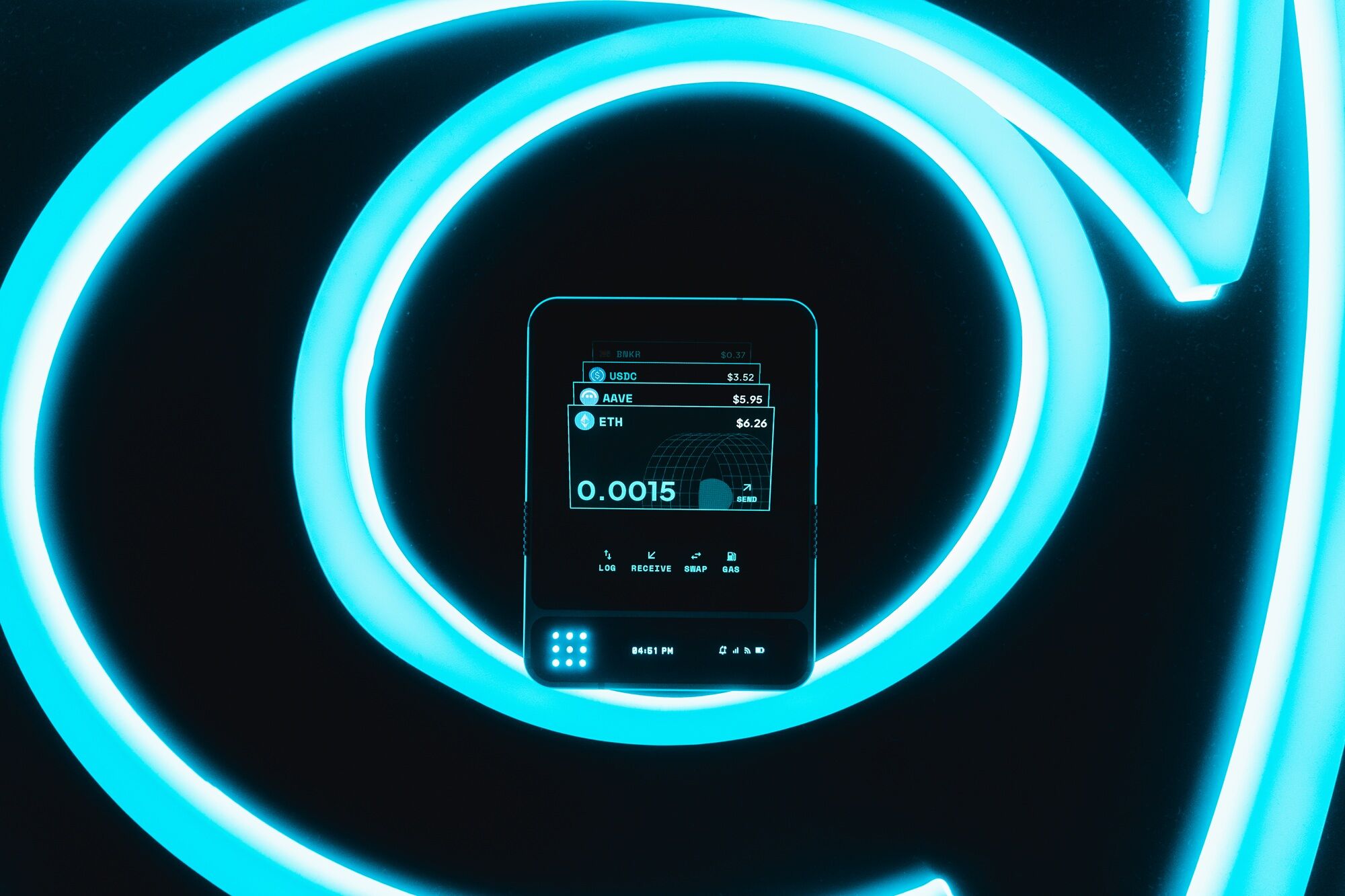 dGEN1 showing wallet with USDC, AAVE, ETH against cyan neon spiral