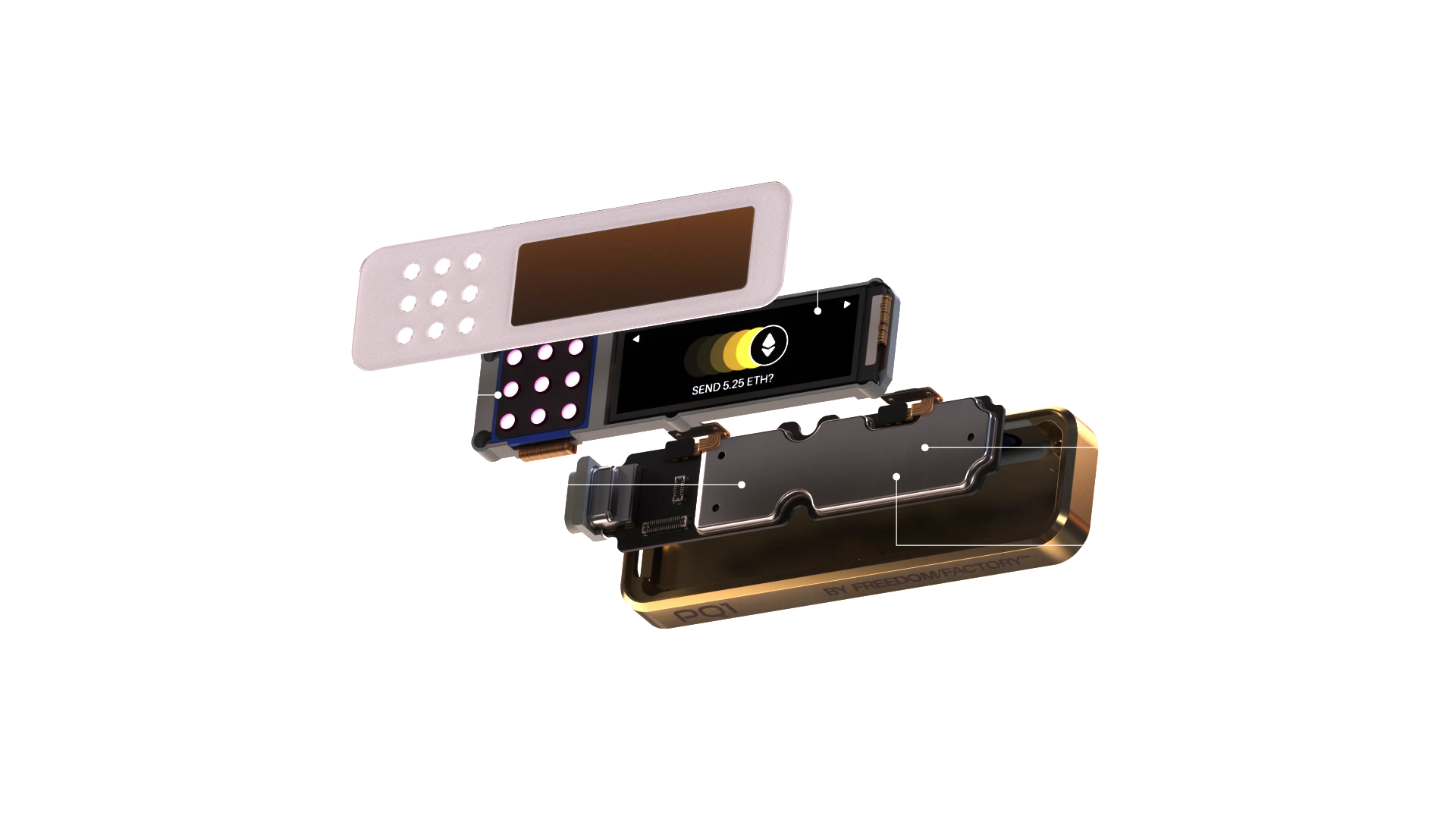 PQ1™ exploded view with component callouts - display stack, mainboard and machined enclosure separated